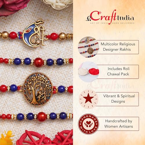 Image of eCraftIndia Set of 4 Golden Laddu Gopal, Lord Krishna Playing Flute, Lord Ganesha, and Shivling Religious Rakhis with Green Red Threads, and Roli Chawal Pack