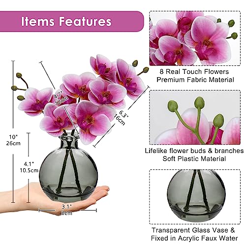 Hollyone 2pcs Artificial Pink Orchid Flower in Vase, Small Fake Orchid Plant with Glass Vase - Image 2