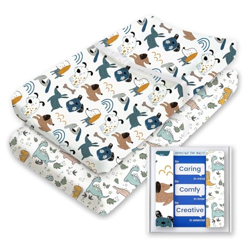 Image of Extra Stretchy Changing Pad Cover, TotBasic Ultra Soft Premium Jersey Knit Changing Pad Sheets, Unisex for Boys Girls, Fits All Standard Changing Tables /Dresser Tops - 2 Pack (Print Dino + Puppy)