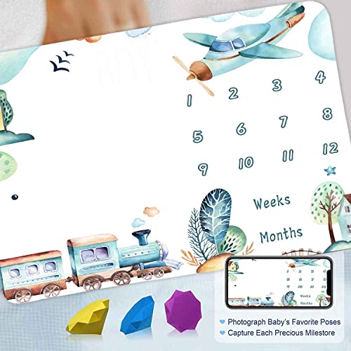 Image of Airplane and Train Monthly Milestone Blanket | 48x40in cotton Monthly Milestone Blanket, train airplane town design with butterfly frames for growth recording