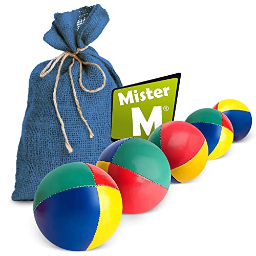 Mister M | 5 Juggling Balls in Beige Jute Bag | Easy to Grip | Waterproof Coating and eco-Friendly Padding | Suitable for Beginners and Professionals | with app and Online Video Tutorial