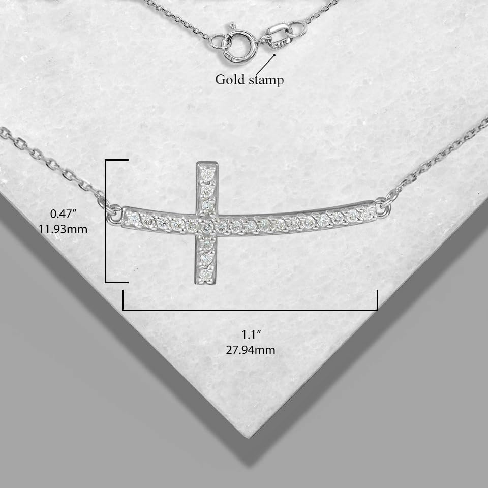 14K White or Yellow Gold or .925 Sterling Silver Cubic Zirconia Curved Sideways Cross Bar Necklace - Choice of Length4