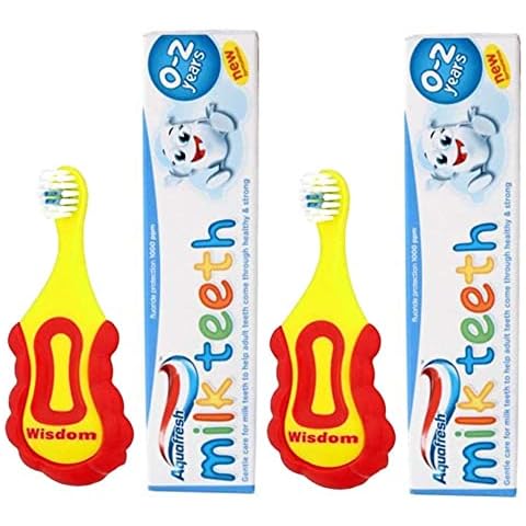 2 x Wisdom Step-by-Step Baby Toothbrush 0-2 Years and 2 x Aquafresh Milk Teeth Babies Toothpaste 50ml Set, Supersoft Brush Extra Small Head, Gentle Brushing & Cleaning Cover