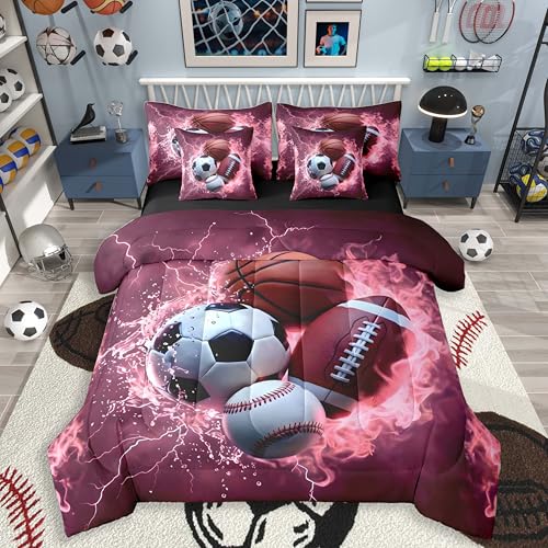 Feelyou Ensemble Courtepointe Sports 7 Pièces Twin Fille Rose Football Lit Complet
