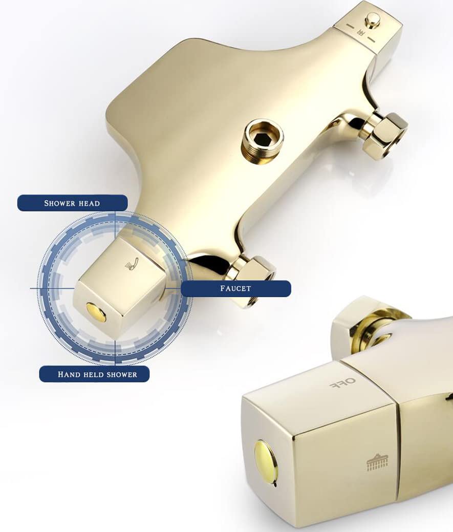Miscelatore termostatico di Lusso con deviatore in Ottone Dorato, soffione Doccia a Pioggia da 10" e doccetta Portatile, Set di rubinetti a Cascata da Parete per un'esper