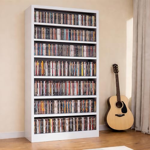 Image of Metal DVD Storage Cabinet, 7 Tier Tall Media Storage Shelf with Adjustable Shelves, Freestanding CD & DVD Rack Tower Bookshelf for Living Room, Home Entertainment,White