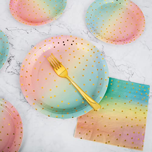Uvtqssp 100Pcs Rainbow And Gold Tableware Set For Party Decorations Gold Dots On Rainbow Paper Plates And Napkins, Gold Plastic Knives For Birthday Party Wedding Baby Shower Boy Girls Party Supplies #TOP4