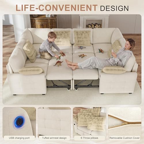 Image of Hanherry Sectional Couch with Pull Out Sofa Bed,Chenille Sleeper Sofa with 2 Seat Storage & USB Charging,Comfy L Shaped Modular Couches for Living Room,Apartment
