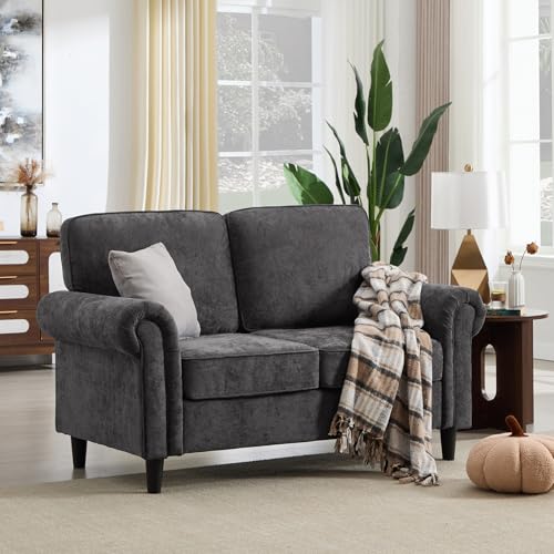 Image of Kingfun Loveseat 2 Seater Couch, Mid Century Modern Chenille Sofa with Rolled Arms and Deep Seats, Fluffy Comfort for Living Room, Apartment, Easy Assembly, Grey