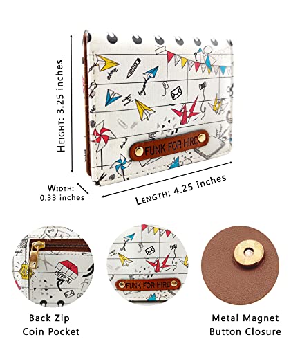 Image of Funk For Hire Unisex Vegan Leather Small Card Wallet White Mini Bifold Slim Wallet with 6 Card Slots, Coin Zipper Pouch and Cash Compartment Lightweight Compact Wallet