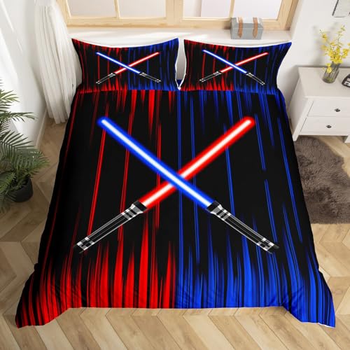 Loussiesd Parure de lit avec housse de couette sur le thème du sabre laser pour enfants, garçons et adolescents – motif sabre laser et technologie de...