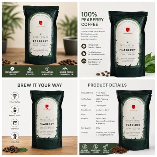 Image of Cafe Coffee Day - PEABERRY 100% Coffee - 200gm each (Pack of 4) | Medium to Dark Roast | South Indian Filter Coffee | Fresh from Chikmagalur factory