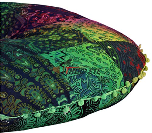 Third Eye Export - 32 in Multi Color Mandala Barmeri Tie Dye Large Round Floor Pillow Cover Cushion Meditation Seating Ottoman Throw Cover Hippie Decorative Zipped Bohemian Pouf (Multi Colored Dyed)