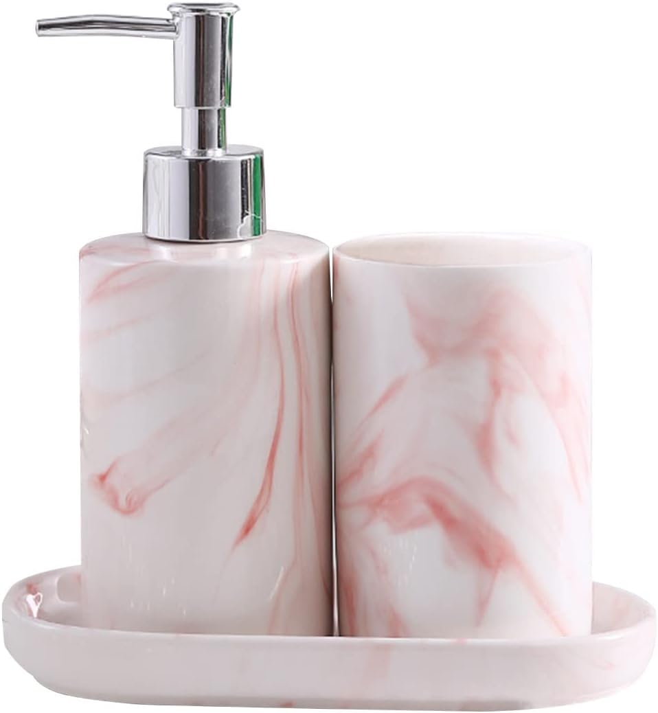 Zestaw ceramicznych akcesoriów łazienkowych, zestaw akcesoriów łazienkowych - tacka na mydło, dozownik mydła w płynie, zestaw szczoteczek do zębów trzy sztuki
