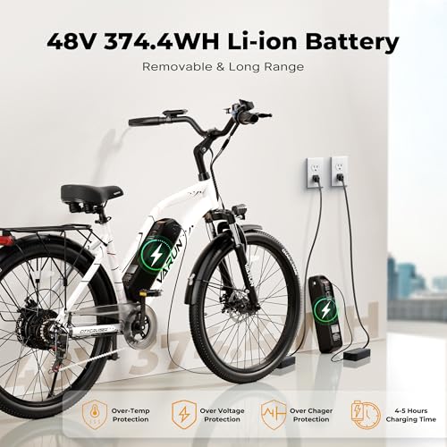 Image of VARUN Electric Bike for Adults - 500W Electric Bicycle Up to 40Miles, 48V Removable Battery, Shock Absorber, 7-Speed and Dual Disc Brakes,Stylish 26 inch Cruiser E-Bike Suitable for Commuting