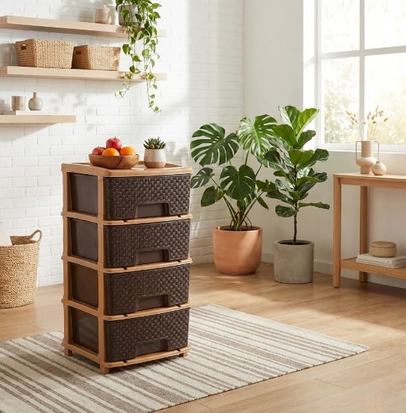 Image of Plastic Modular Drawer Storage Chest Of Drawers Organizer Storage Box, Large Stomo Racks For Multipurpose Anti-slip Shoes Organizers (Brown, 4 Layer)