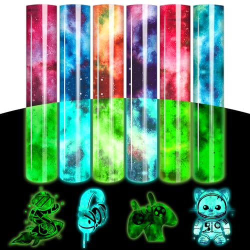 Tintnut Glow in Dark HTV Heat Transfer Vinyl - 12x10 inch 6 Sheets Luminous Galaxy Iron on Vinyl Galaxy HTV Vinyl for T-Shirts DIY Compatible with Cricut or Silhouette Cameo