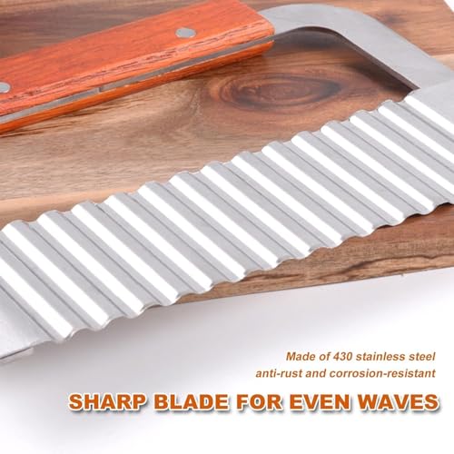 Image of Stainless Steel Wavy Blade Crinkle Cutter Knife - Vegetable & Potato Chip Slicer with Durable Nylon Handle - French Fry Cutter, Fruit, Salad, and Garnish Making Tool for Kitchen (Wood Brown)