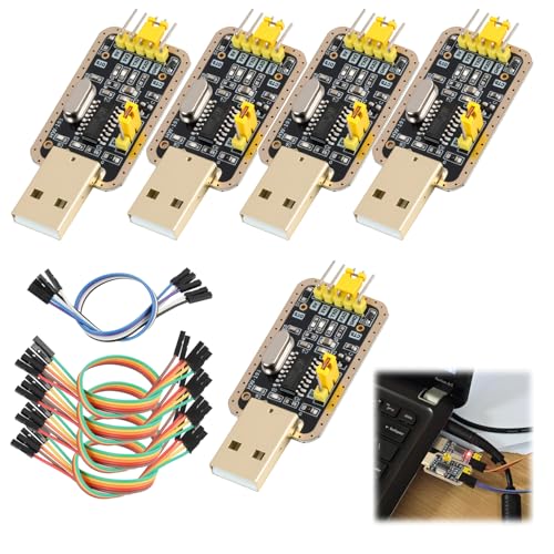 Adaptateur USB UART-TTL 3.3V/5V CH340G - Pack de 5 Modules de Conversion pour Microcontrôleurs avec Câbles Jumper de 20 cm - Idéal pour Arduino, Raspberry...