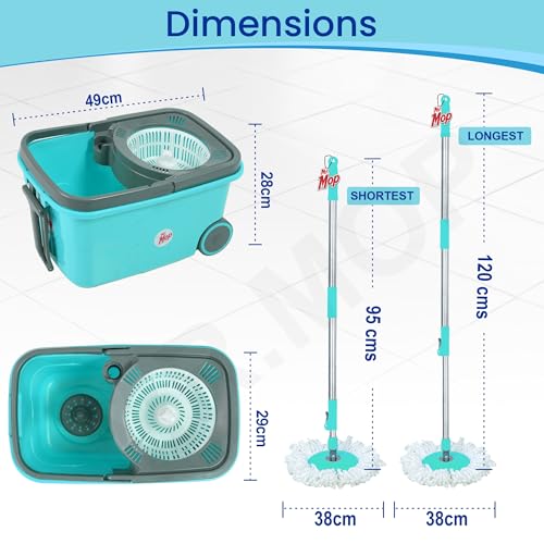 Image of Mr.Mop 360 Degree Square Spin Bucket Mop for Floor Cleaning with Rod Stick and 2 Microfiber Refill | Magic Pocha Set (Aqua Green (Plastic Jali))