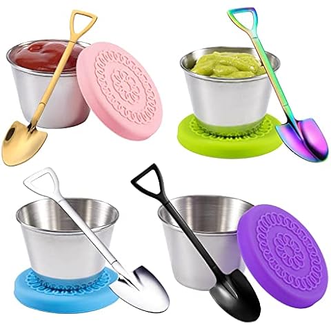 4Pcs 2.5oz Salad Dressing Container and 4Pcs Spoon Set, Stainless Steel Airtight Mini Food Container with Silicone Lids , Outdoor Camping Cutlery Set for Lunch Box Picnic Travel Cover