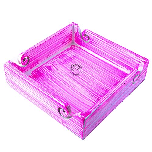 Image of Solid Dark Handmade Crafted Wooden Portable Antique Yarn Storage Bowl Tray - Holder for Knitting Crochet Hook Accessories - Multipurpose Organiser (Pink, 10 inch x 10 inch x 2.5 inch)