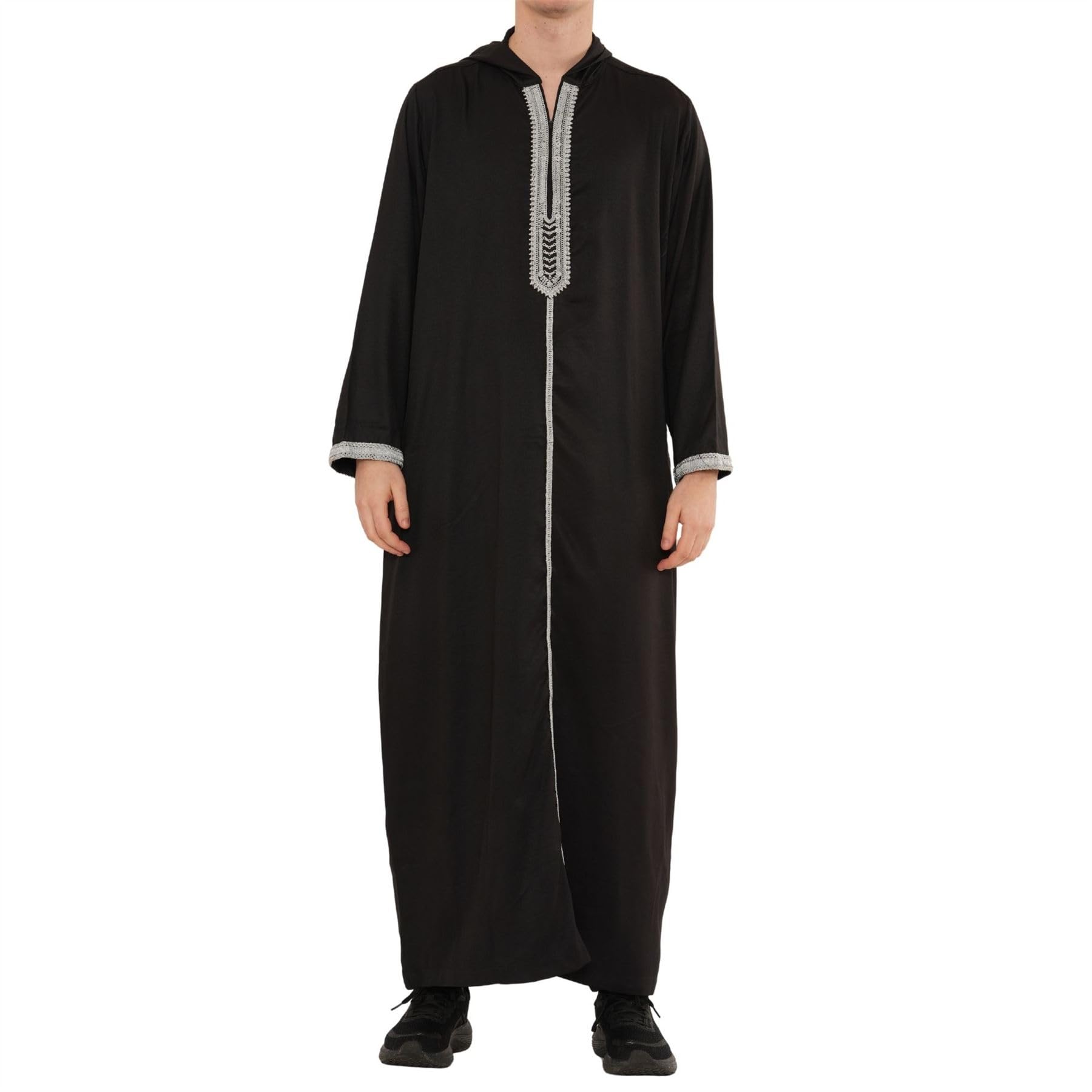 Men's Black Moroccan Thobe Hooded Djellaba Gandoura Silver Embroidery Kaftan Eid Robe Jubba - Black Silver M-54