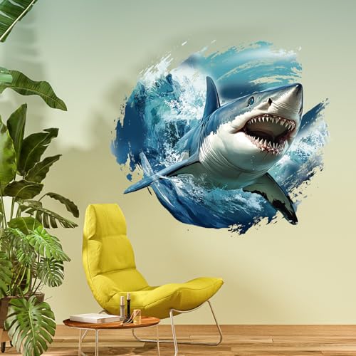 PLIGREAT 2 hojas vinilo 3D adhesivos pared tiburón realista