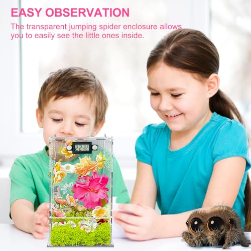 Image of Jumping Spider Enclosure,DIY Insects Habitat,Small Reptile Terrarium Glass House Accessories Set,with Temperature and Humidity Detector Water Feeder Platform Hide,5.5 inchx5.5 inchx9.5 inch (Garden)