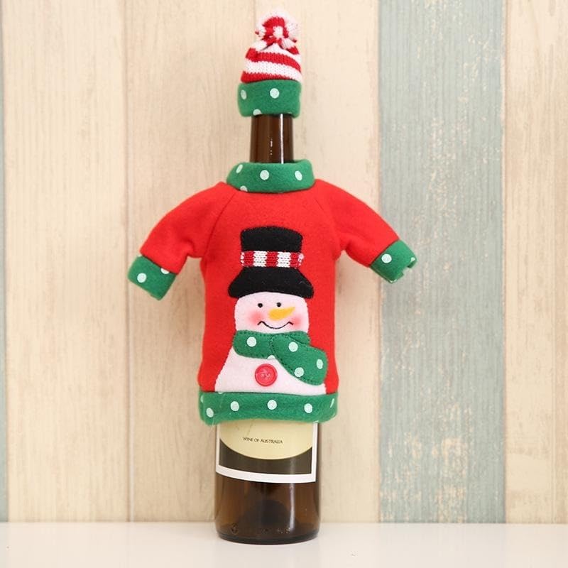 Christmas Wine Bottle Cover Set Santa Snowman Elk Handmade Woven Wine Bottle Bags with Hat for Xmas Party Dinner Table Decor New Year Gifts (Snowman)