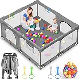 Foldable Playpen for Babies and Toddlers: 71' L x 59' W x 27' H(External Dimensions), Large Kids Play Yard, Portable for Indoor and Outdoor Play Area, Baby Gate with 50PCS Ocean Ball, 4 Handles