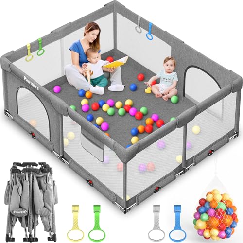 Foldable Playpen for Babies and Toddlers: 71' L x 59' W x 27' H(External Dimensions), Large Kids Play Yard, Portable for Indoor and Outdoor Play Area, Baby Gate with 50PCS Ocean Ball, 4 Handles