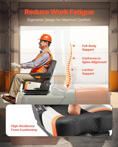 VEVOR Universal Forklift Seat, Tractor Suspension Seat with Adjustable Back, Armrest & Safety Belt, Secure Fold Down Tractor Seat with Micro Switch, Lawnmower Seat for Skid Loader Bulldozer
