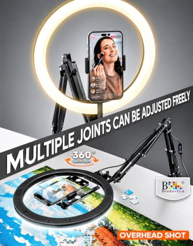 Image of BROLAVIYA No Shadow Overhead Video Mobile Stand with Extra Long Metal Arm,10 inch Selfie Ring Light, 2 Way Base clamp 1 /4 inch Adaptor for Camera, GoPro and Mobile Bracket for Desktop, Bedroom, Office