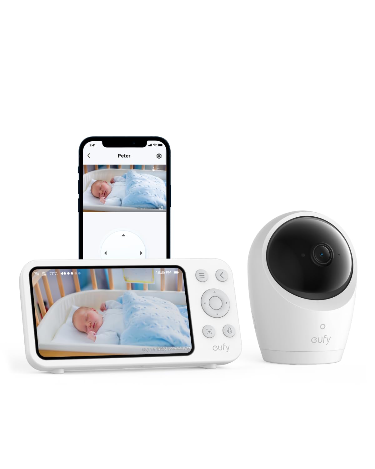 eufy Babyphone mit Kamera E20, App- & Offline-Steuerung, 2K HD, Ultraklare Nachtsicht, Schwenk-Neige-Funktion, 4× Zoom, Mobile Kamera mit Integriertem Akku, ANR, Smarte Alarme, WLAN-An/Ausschalter