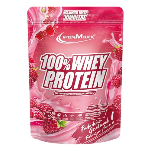 IronMaxx 100% Whey Protein Pulver 500g - Himbeere | Cremiger Eiweißshake mit BCAAs & EAAs | High Protein, Low Carb & zuckerarm | Ideal für Muskelaufbau & Fitness Design kann variieren