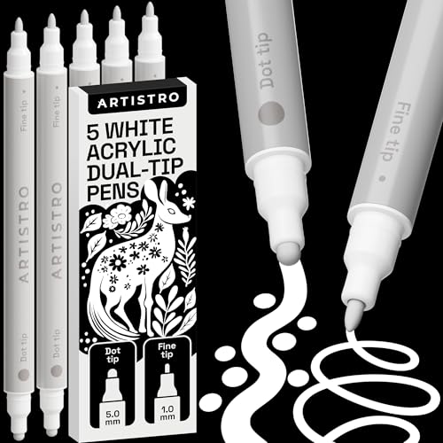 Image of ARTISTRO 5 White Acrylic Paint Markers for Rock, Fabric, Wood, Glass, Eggs - Dual-Tip Paint Pens for Coloring Books for Adults, Teens, Kids - Art & Craft Supplies - Gift Idea - Easter Basket Stuffers