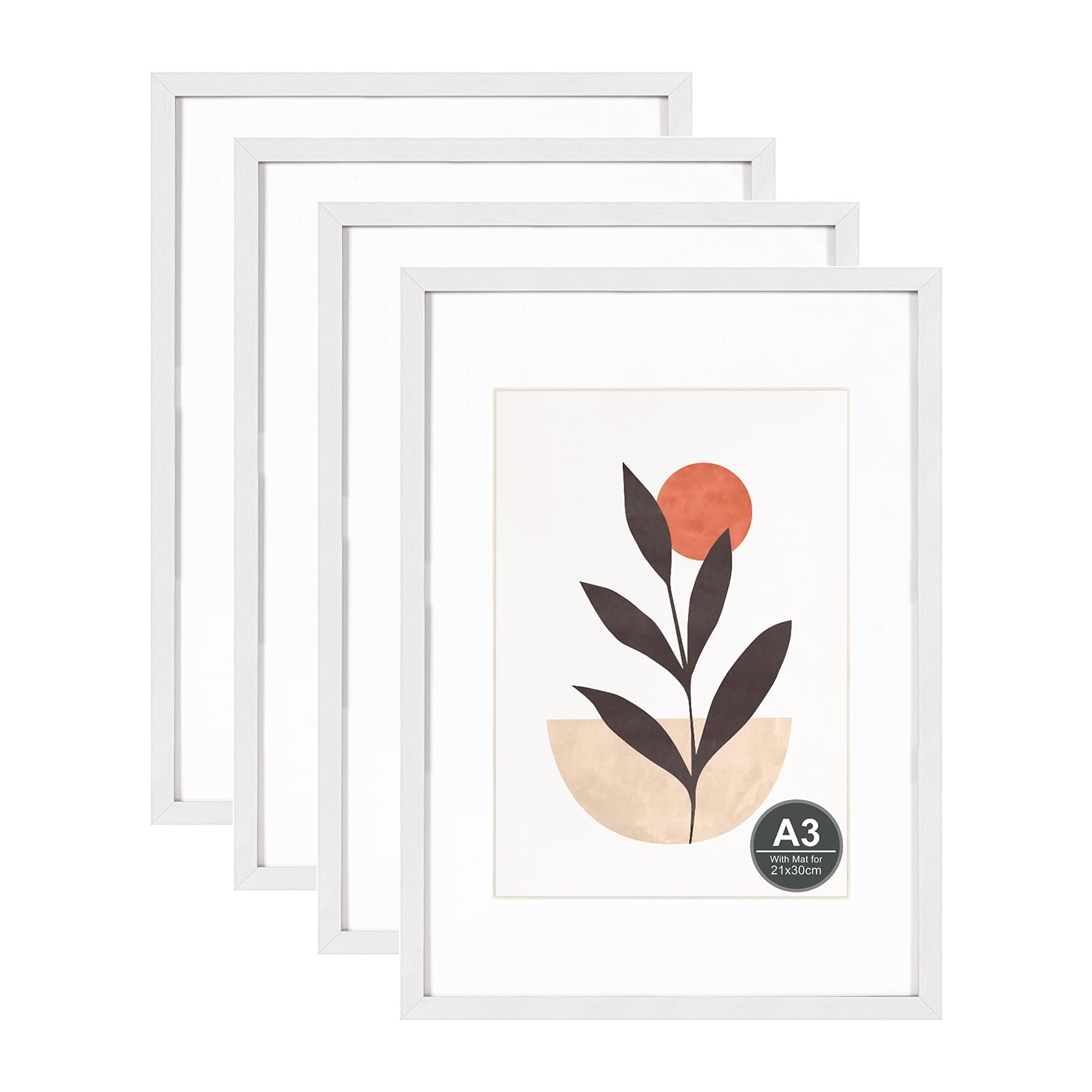 A3 Picture Frame with A4 Mount, White Wood Photo Frames with Perspex Front, Wall Hanging in Living Room, Bedroom, Office, Gallery, Set of 4