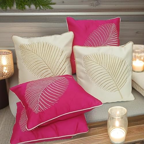 Image of Fab Nation Polyester Fabric Pink & White Combo Color Decorative Cushion Covers with Golden Zari Leaf Embroidered Set of 5 for Home Decor | Throw /Pillow Cover 16x16 inches for Bedroom Sofa