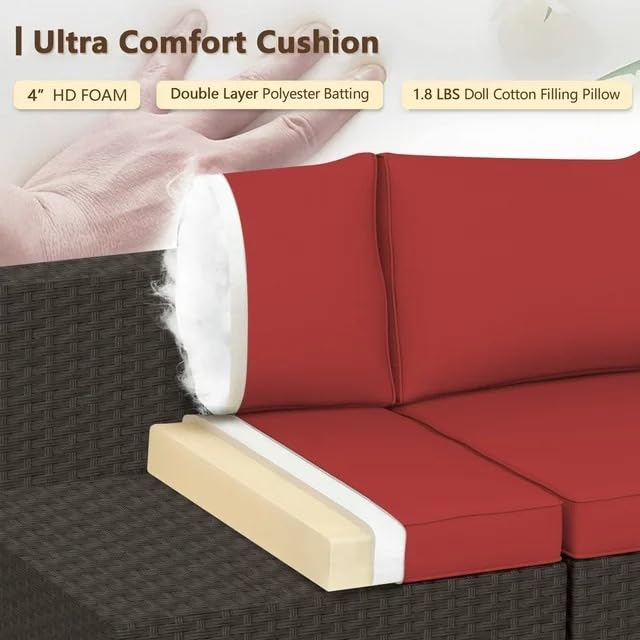 Image of 6 Seater Outdoor Garden Patio Seating Sofa Set with Center Table L Sofa for Balcony Wicker Rattan Garden Set with Grey Cushion and Center Table (Red)