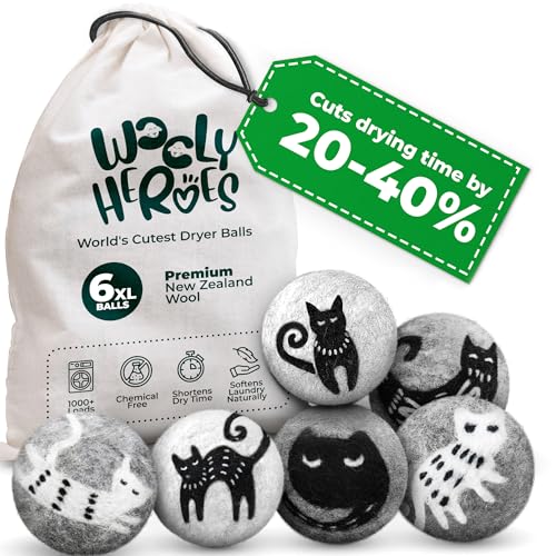 Chemical Free & Baby Safe! Reusable Wool Dryer Balls XL 6-Pack - Reduces Static Cuts Dry Time & Softens Naturally