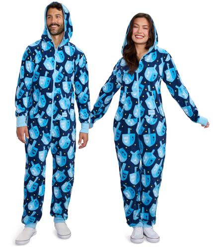 Tipsy Elves Christmas Onesies for Adults - Comfy Unisex Matching Holiday Jumpsuits with Convenient Pockets - Cozy Navy Blue Dreidel Delight Jumpsuit Size - Large