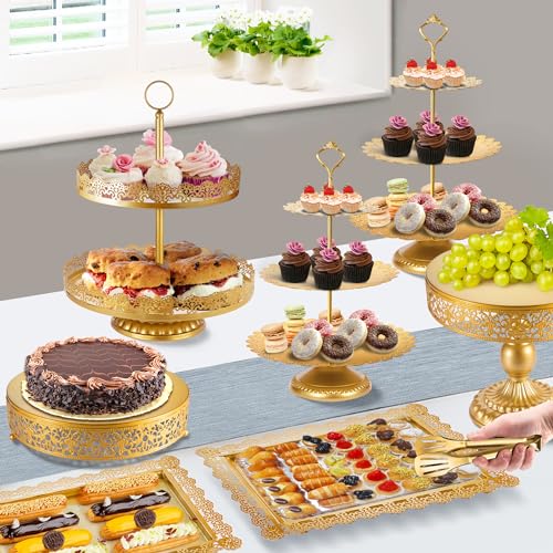 Gold Cake Stand Metal Dessert Table Display Set Tiered Cupcake Holder Fruit Candy Donut Plate Serving Tower Tray Platter (Gold) - Image 3
