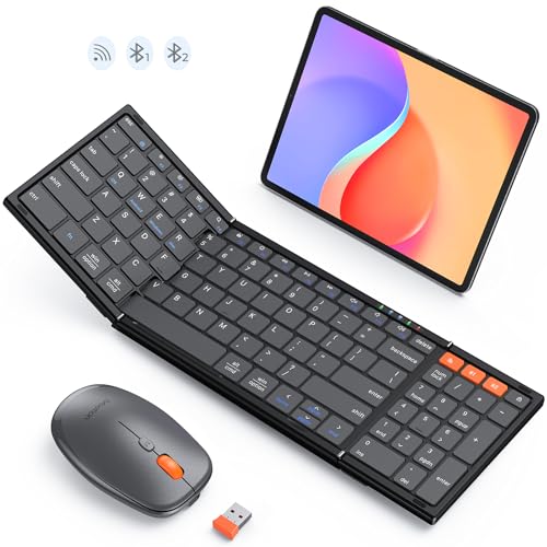 MEETION Foldable Keyboard and Mouse, Folding Portable Wireless Keyboard Mouse, Full Size Rechargeable 2.4G+Dual Bluetooth Keyboards Combo for Business Travel, for Windows/Mac/iOS/Andriod, iPad/Laptop