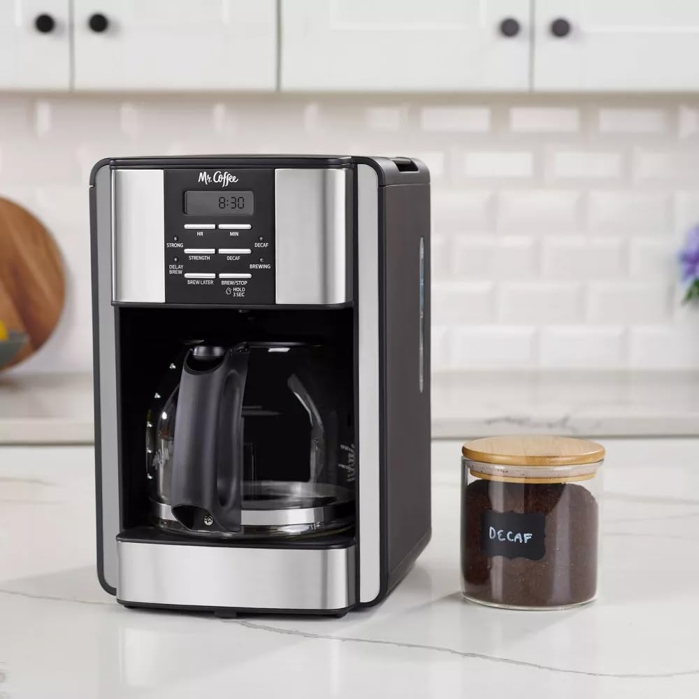 Mrs. Coffee 12-Cup Programable Coffee Maker with Cleaning Setting, Auto-Pause & Brew Selector Black/Stainless Steel