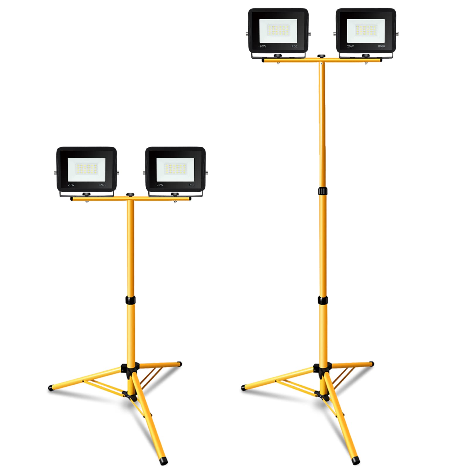 Reflektor budowlany LED, 2 x 20 W, ciepła biel ze statywem, lampa robocza 3000 K, reflektor 1700 lm, statyw budowlany teleskopowy, 80-160 cm, regulacja wysokości, na plac budowy, do garażu
