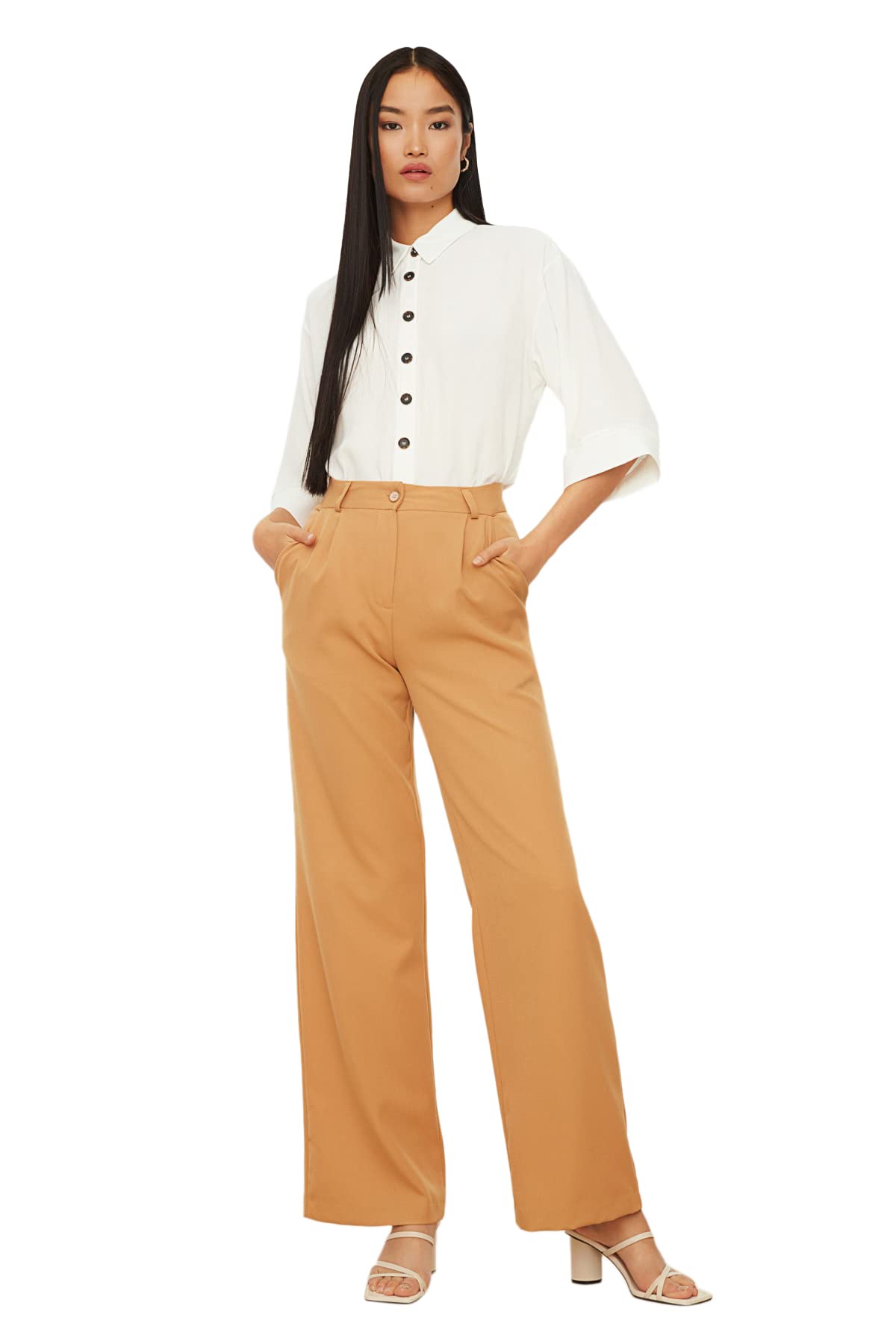 Trendyol Women's Trendyol Woman High Waist Wide Leg Pants, Brown, L UK