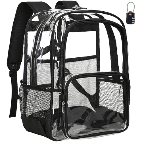 Vorspack Heavy Duty Clear Backpack with a TSA Lock - Large Clear Bookbag for Girls Boys Transparent See Through Backpack for School College Work Festival - Black