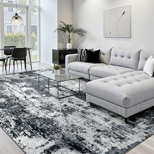 Washable Area Rugs 6'x9' Non-Slip Modern Abstract Soft for Living Room Entryway Bedroom Nursery, Print Pattern, Black Gray