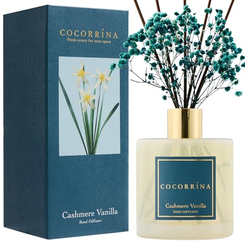 Image of COCORRINA Reed Diffuser - Cashmere Vanilla 17 Fl.oz Reed Diffuser with 8 Sticks Scented Diffuser with Preserved Flowers for Bathroom Home Decor